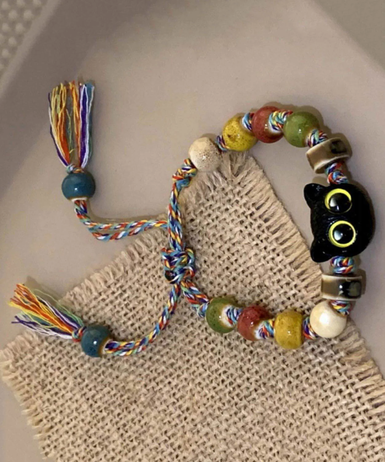 Original Design Rainbow Weave Cartoon Cats Ceramic Charm Bracelet - Image 5