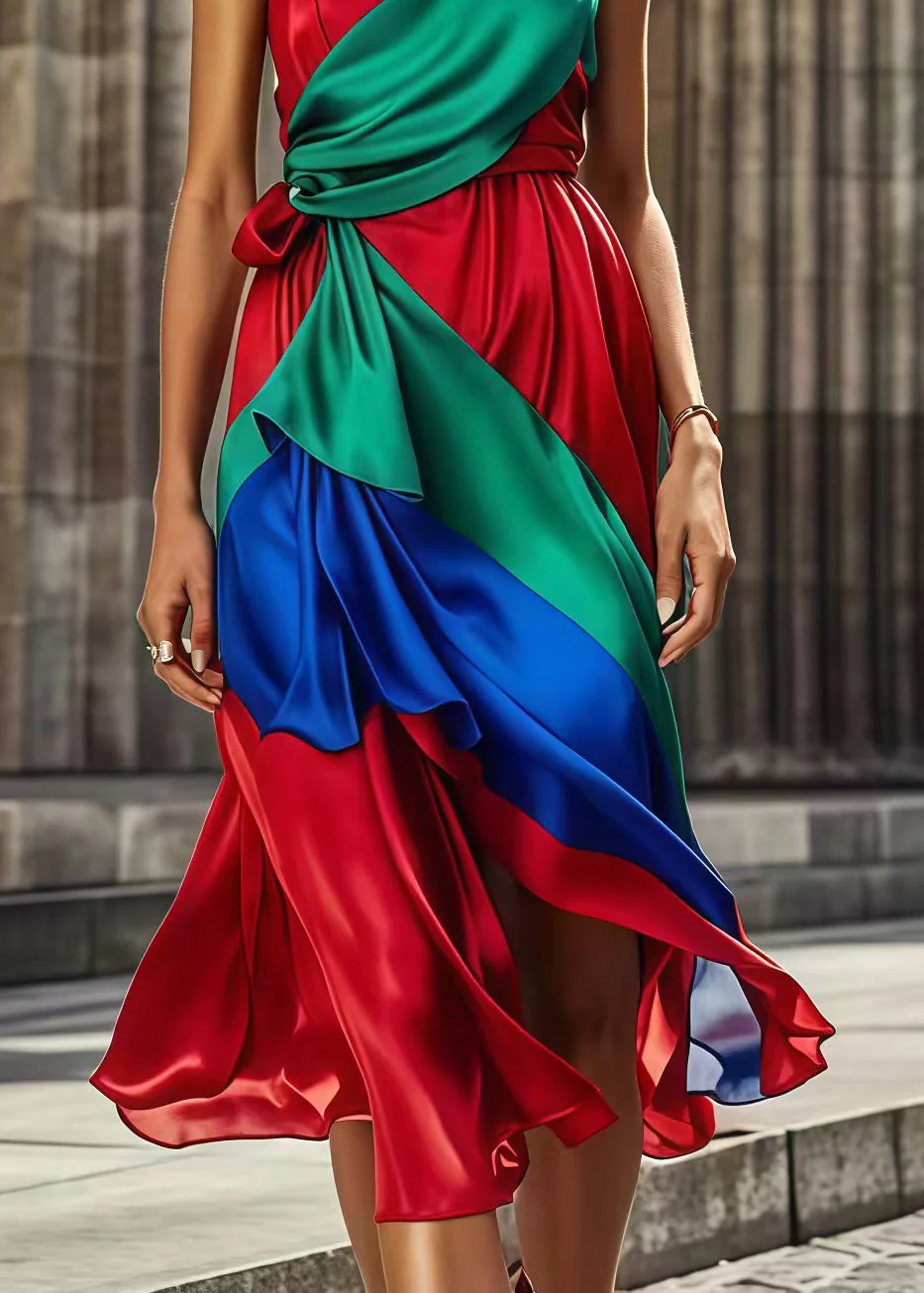 Original Design Red Asymmetrical Patchwork Silk Party Dresses Summer - Image 4