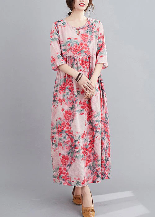 Original Design Red O-Neck Print Linen Loose Dress Half Sleeve - Image 2