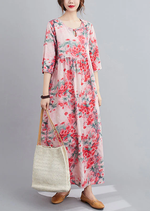 Original Design Red O-Neck Print Linen Loose Dress Half Sleeve - Image 3