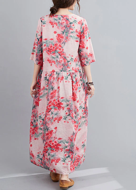 Original Design Red O-Neck Print Linen Loose Dress Half Sleeve - Image 4