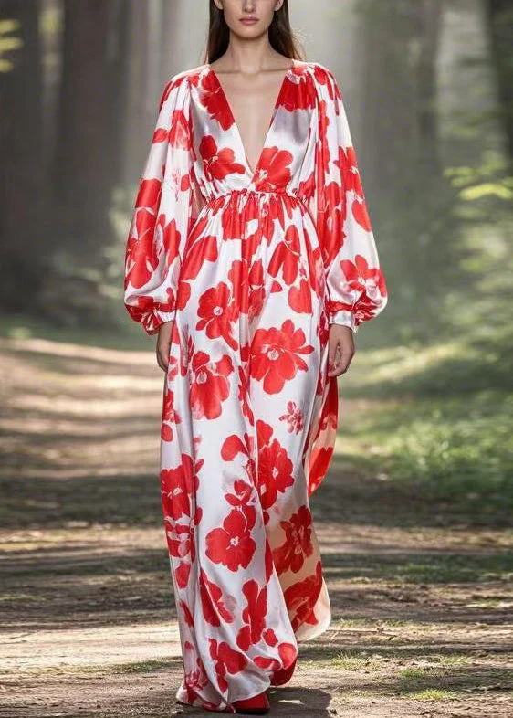 Original Design Red Print Oversized Silk Maxi Dress Spring - Image 3