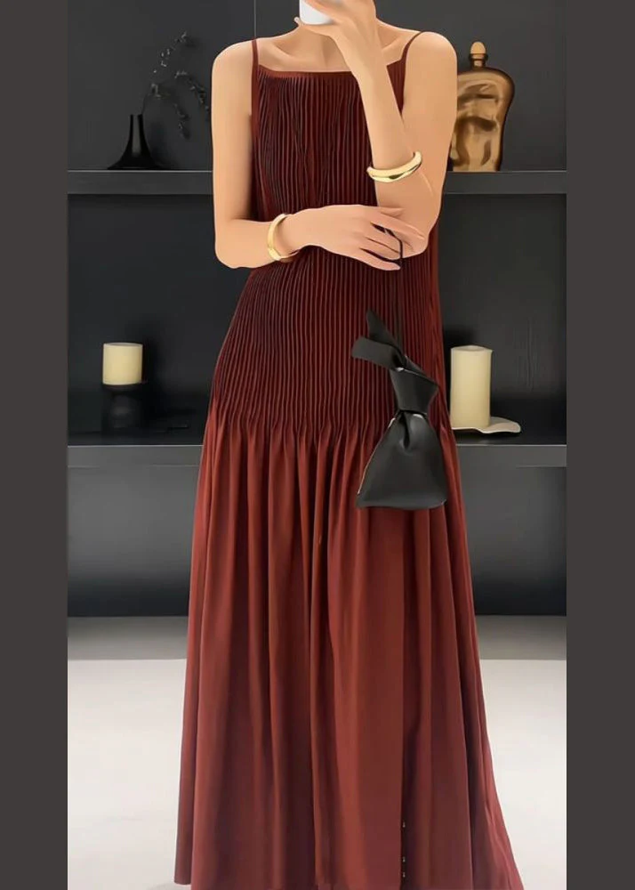 Original Design Red Wrinkled Silk Slip Dress Sleeveless - Image 2