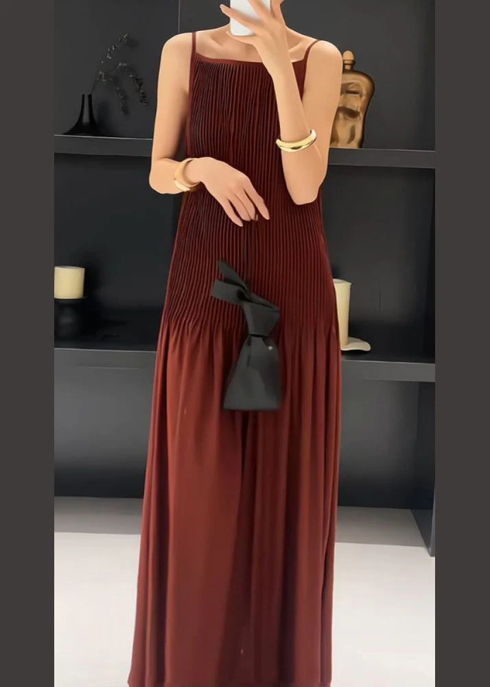 Original Design Red Wrinkled Silk Slip Dress Sleeveless - Image 3