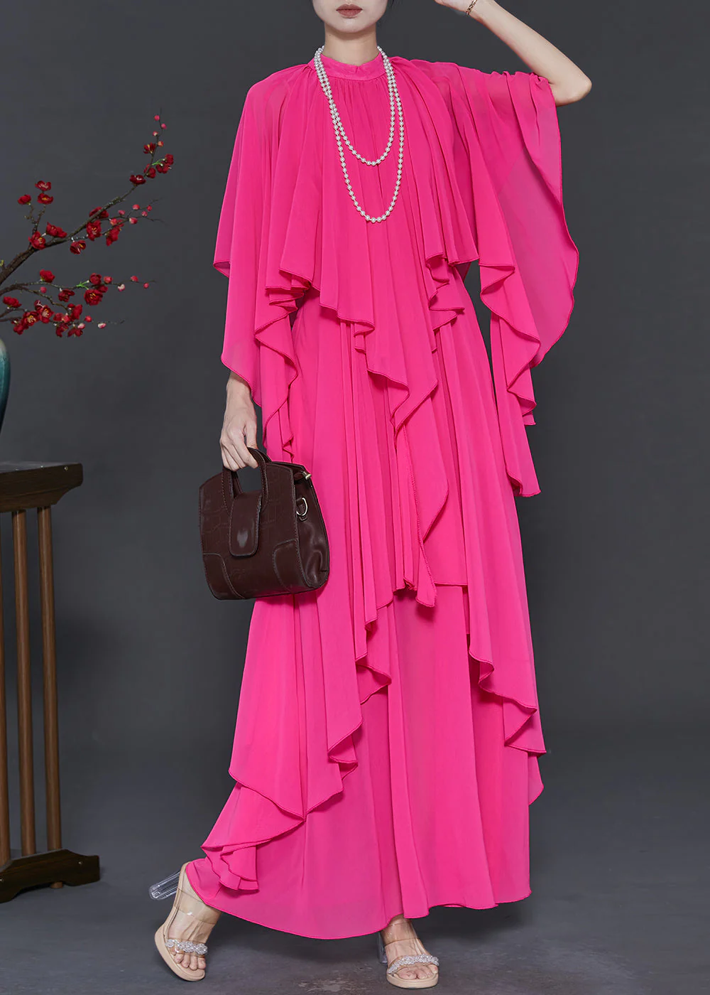 Original Design Rose Asymmetrical Chiffon Maxi Dress Spring - Image 2
