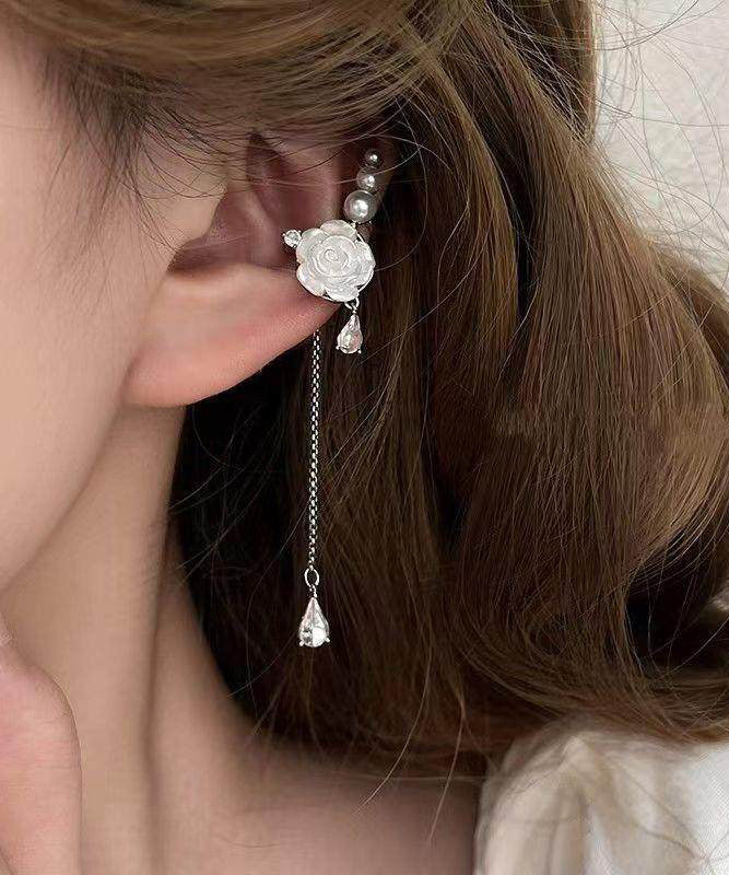 Original Design Rose Pearl Asymmetric Tassel Ear Clip Earrings - Image 2