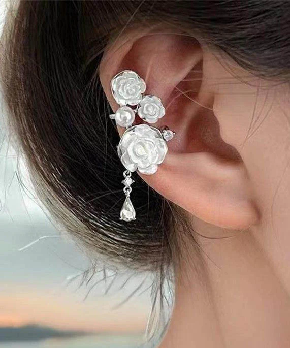 Original Design Rose Pearl Asymmetric Tassel Ear Clip Earrings - Image 3
