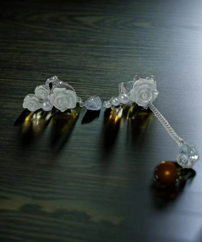 Original Design Rose Pearl Asymmetric Tassel Ear Clip Earrings - Image 4