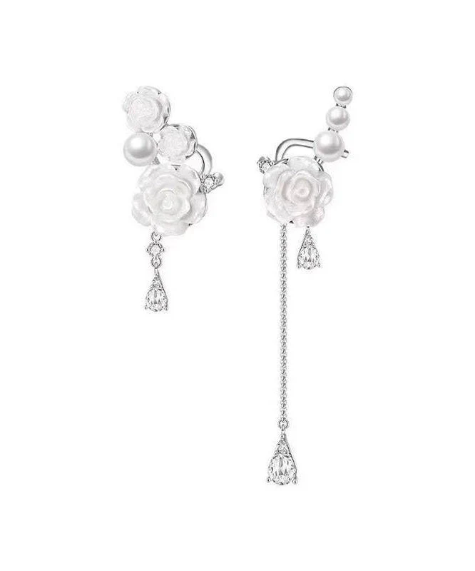 Original Design Rose Pearl Asymmetric Tassel Ear Clip Earrings - Image 5