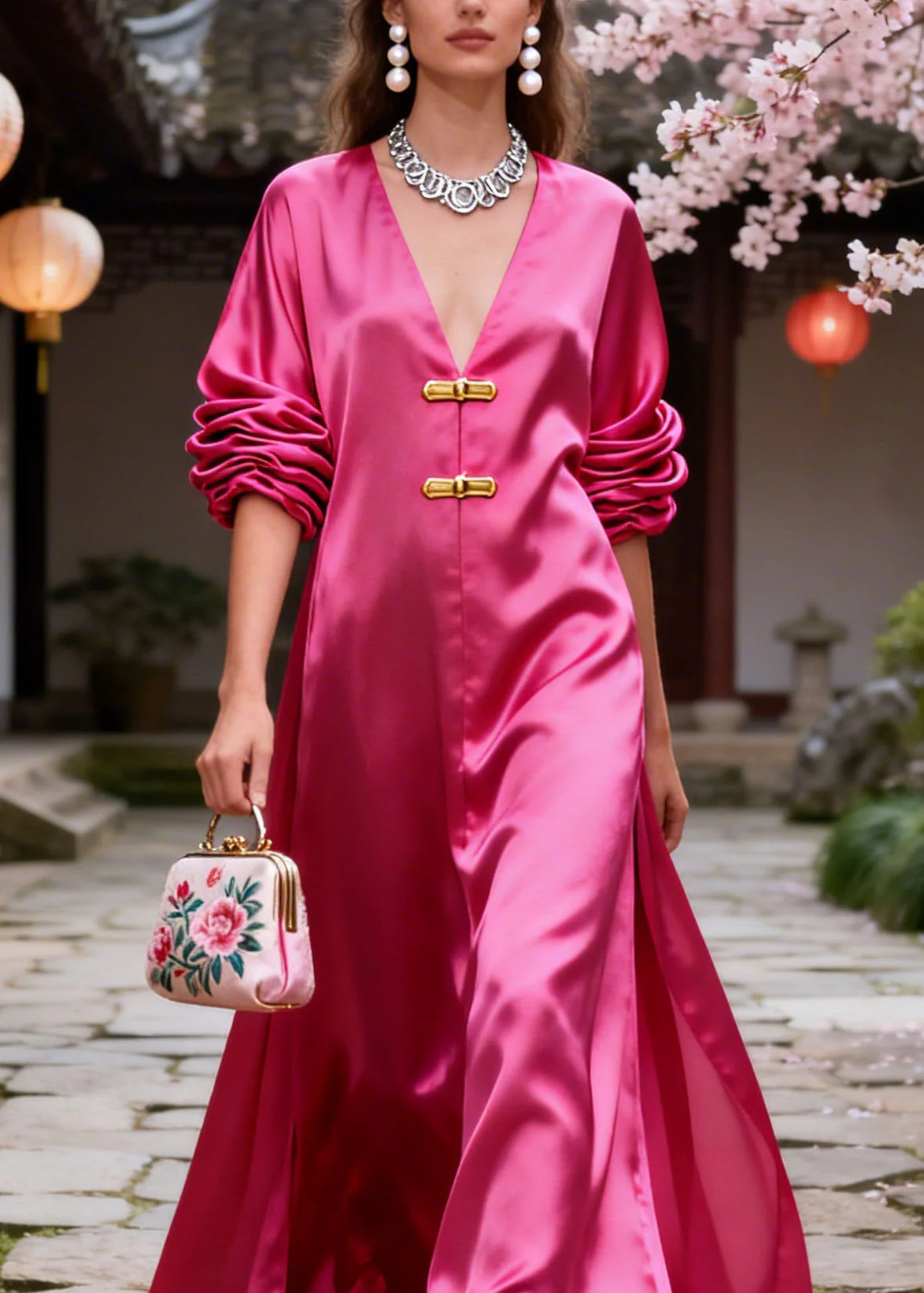 Original Design Rose V Neck Silk Long Dresses Summer - Image 2