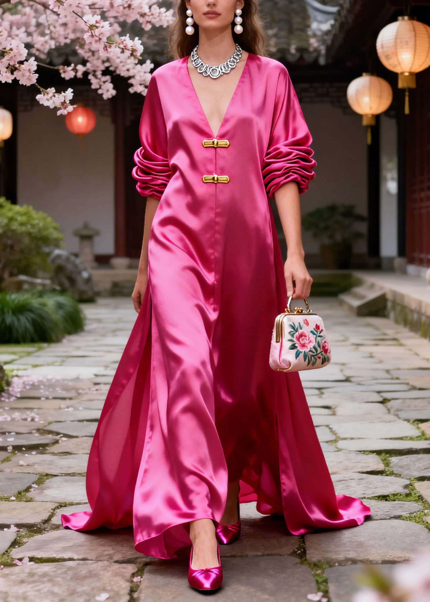 Original Design Rose V Neck Silk Long Dresses Summer - Image 3