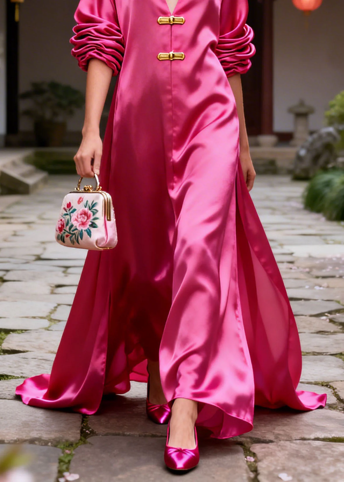 Original Design Rose V Neck Silk Long Dresses Summer - Image 4