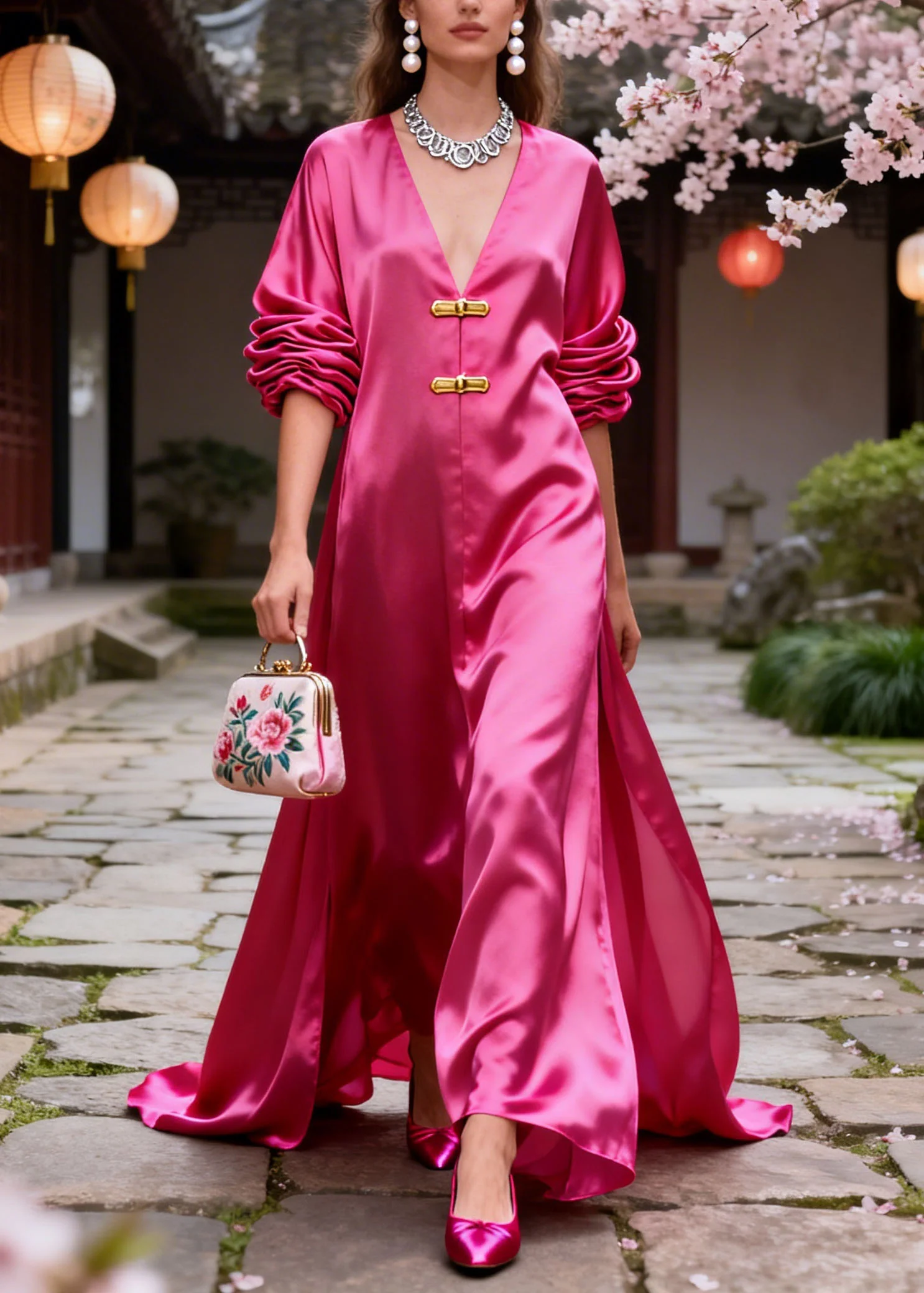 Original Design Rose V Neck Silk Long Dresses Summer - Image 5