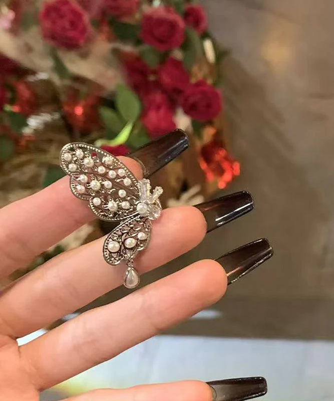 Original Design Silk Copper Overgild Zircon Pearl Hollow Out Butterfly Stud Earrings - Image 2