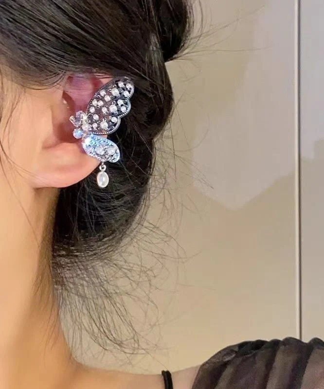 Original Design Silk Copper Overgild Zircon Pearl Hollow Out Butterfly Stud Earrings - Image 5