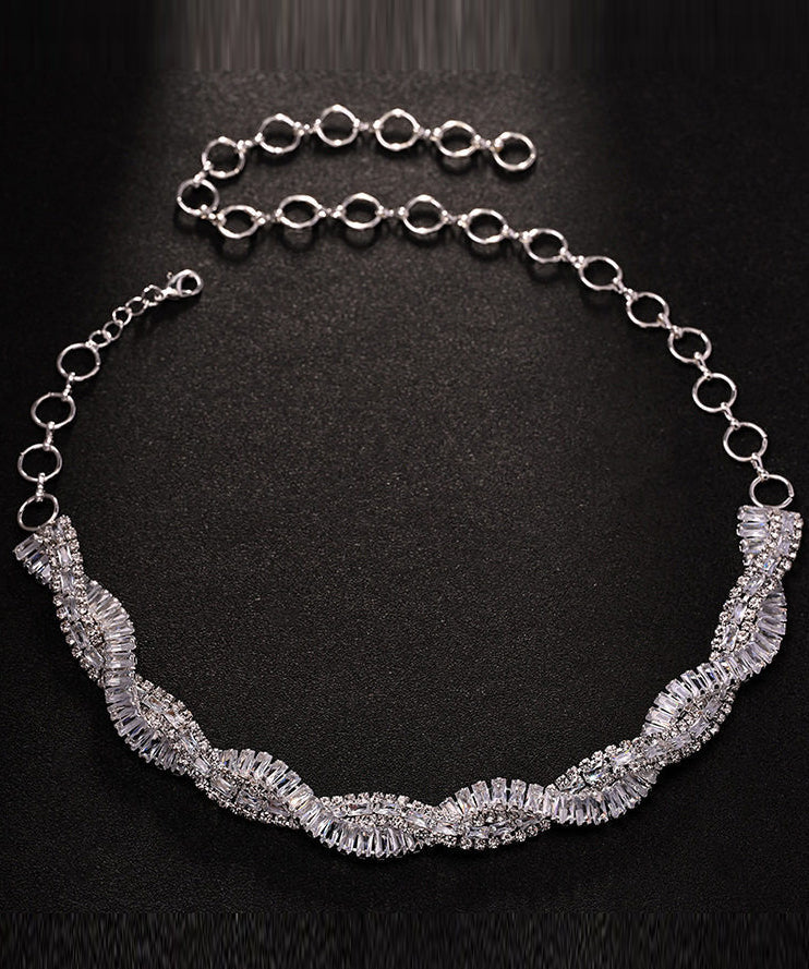 Original Design Silvery Zircon Crossover Design Collar Necklace - Image 4