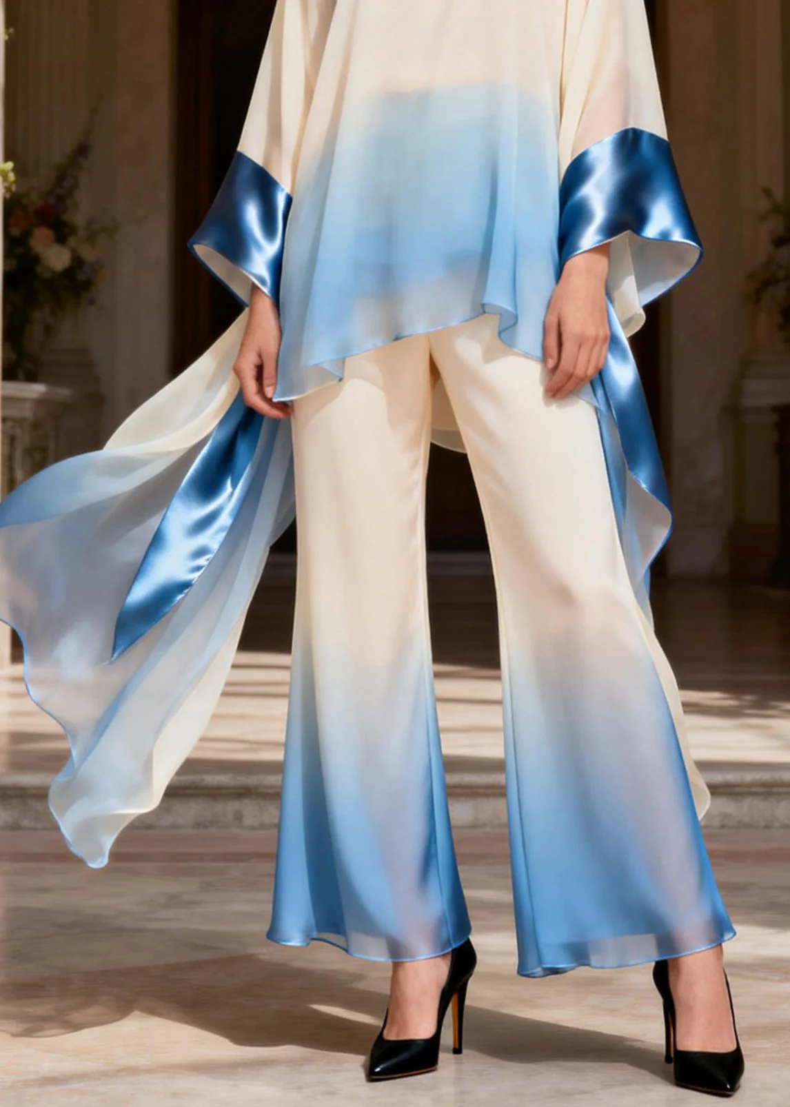 Original Design Stand Collar Patchwork Silk Two Pieces Set Spring - Image 4