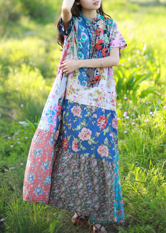 original design Stand Collar Print Patchwork Dress Short Sleeve - Image 2