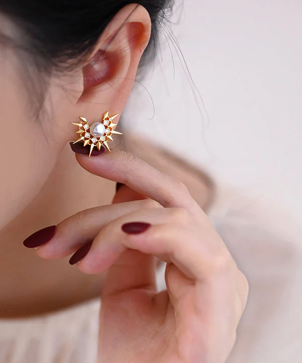 Original Design Sunflower Pearl Gold Plated Stud Earrings - Image 4