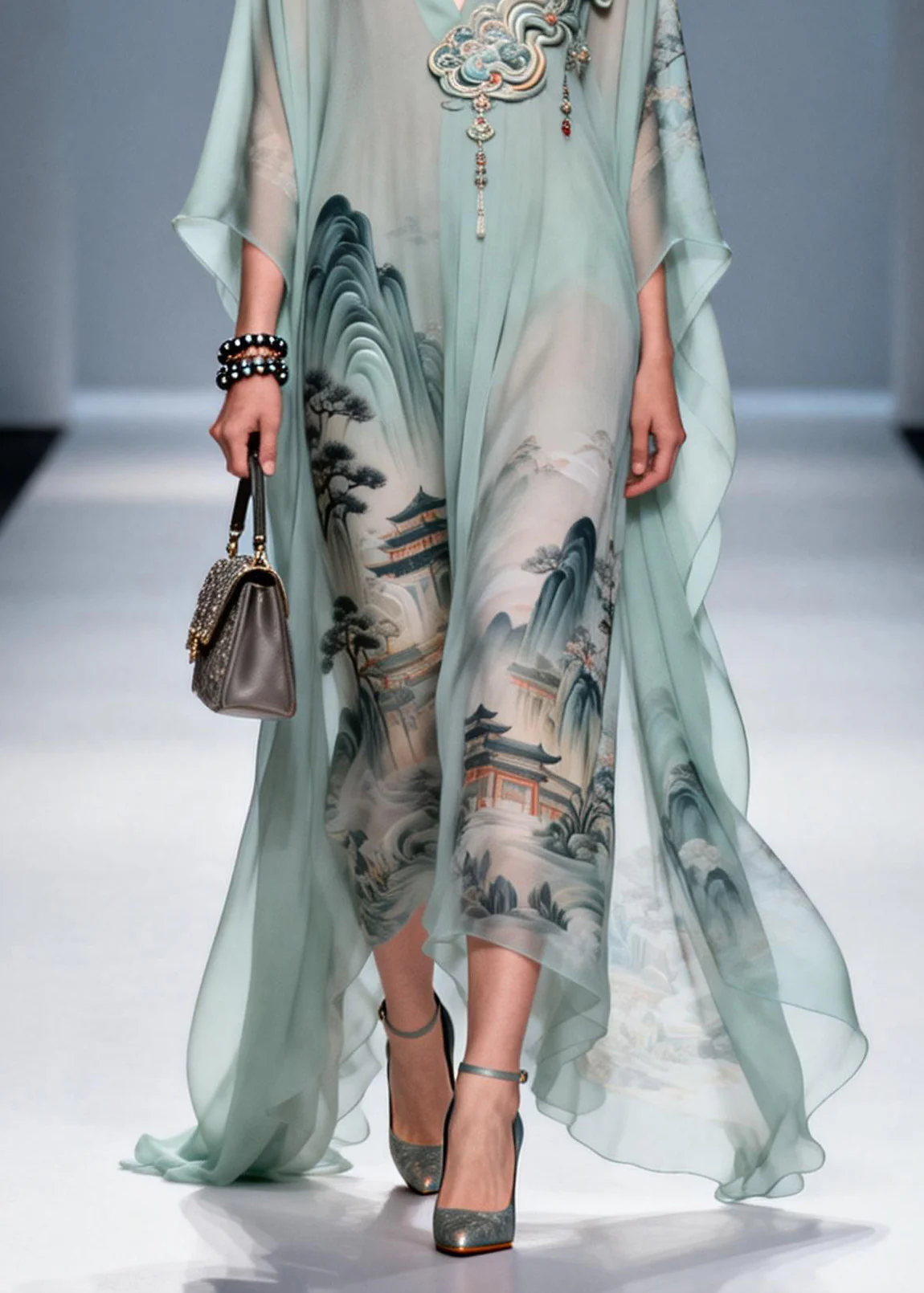 Original Design V Neck Print Chiffon Maxi Dress Summer - Image 4
