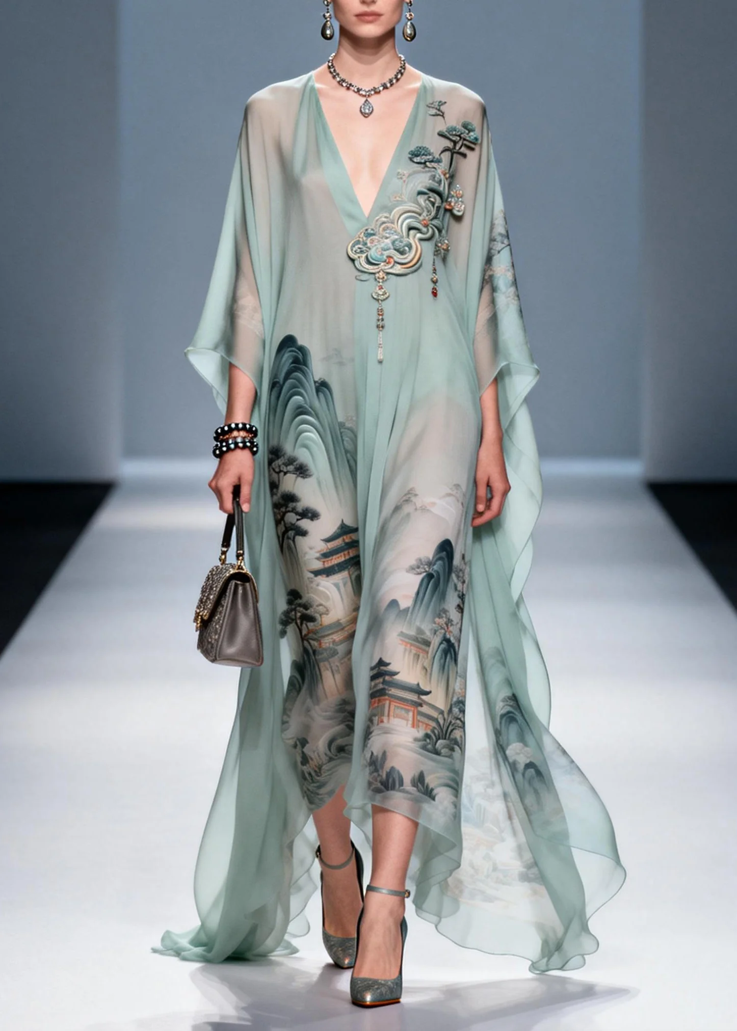 Original Design V Neck Print Chiffon Maxi Dress Summer - Image 5