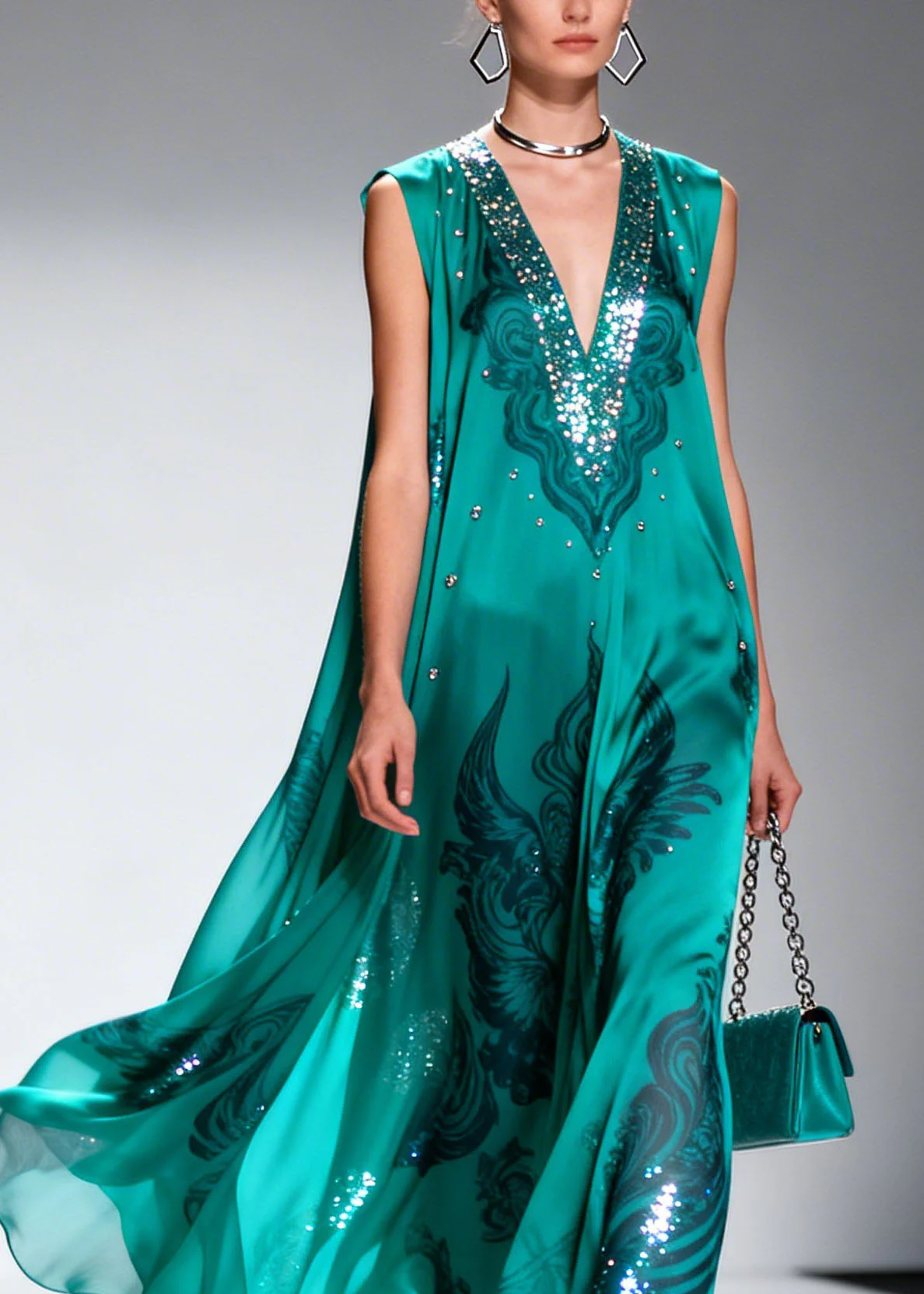 Original Design V Neck Print Zircon Chiffon Long Dress Sleeveless - Image 2