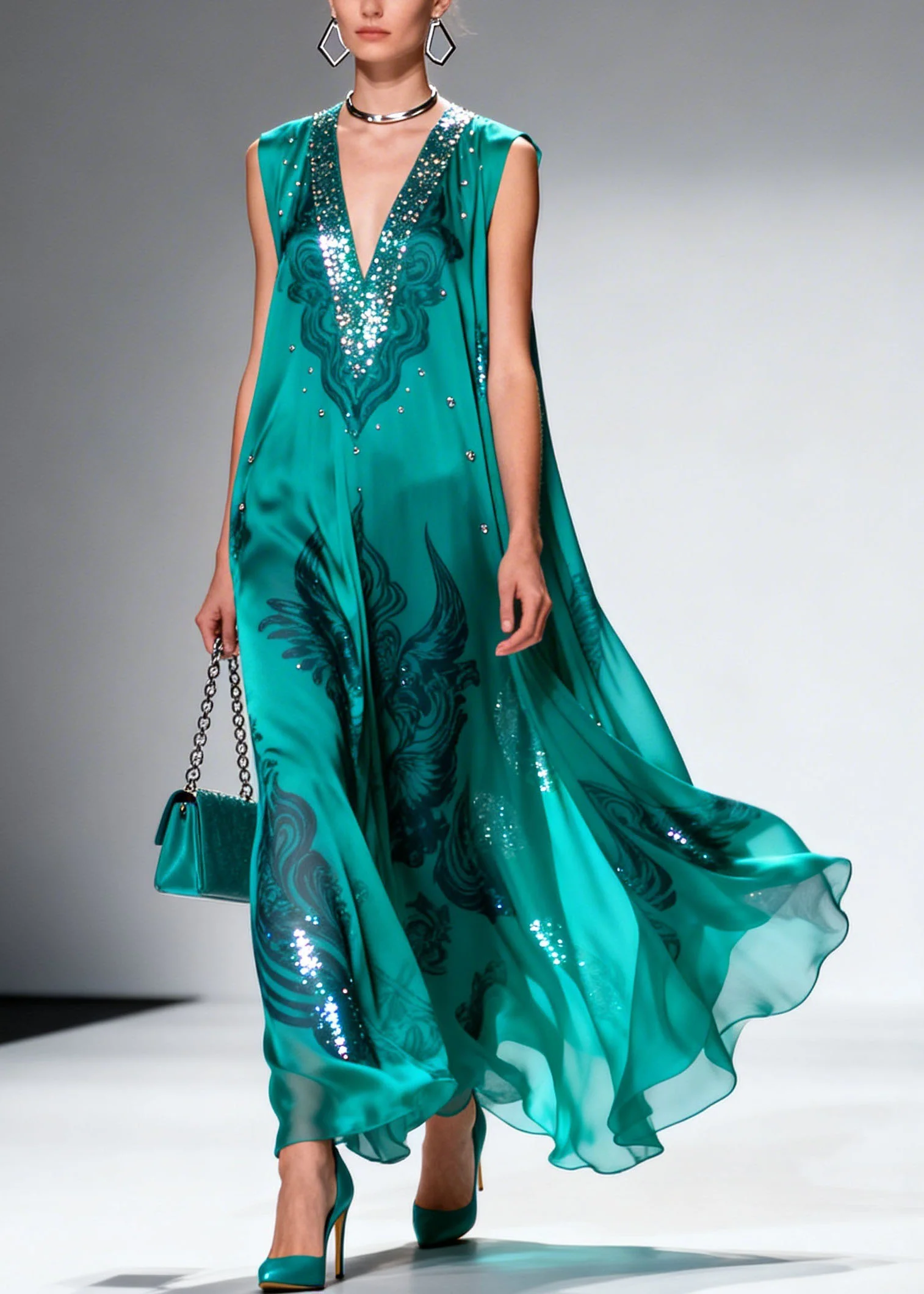 Original Design V Neck Print Zircon Chiffon Long Dress Sleeveless - Image 3