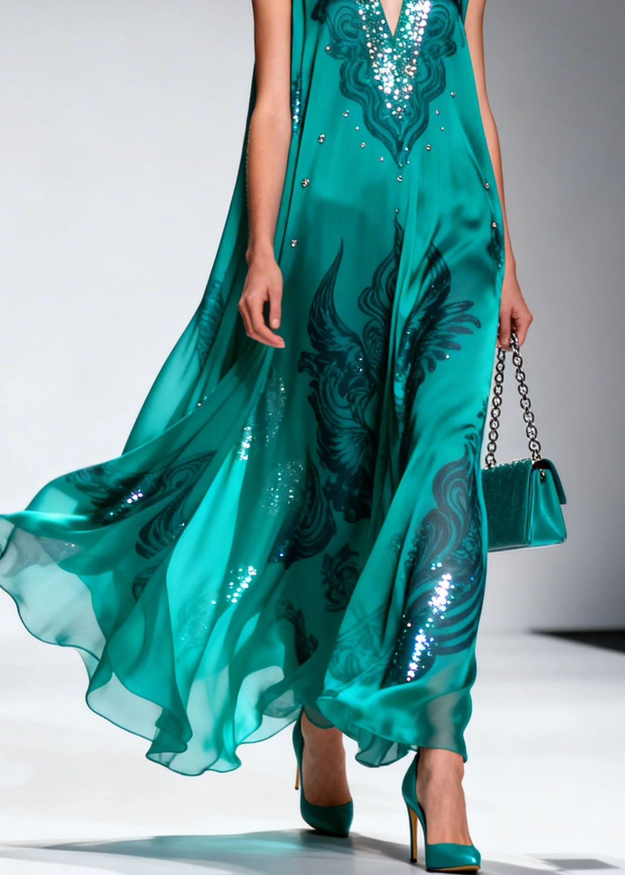 Original Design V Neck Print Zircon Chiffon Long Dress Sleeveless - Image 4