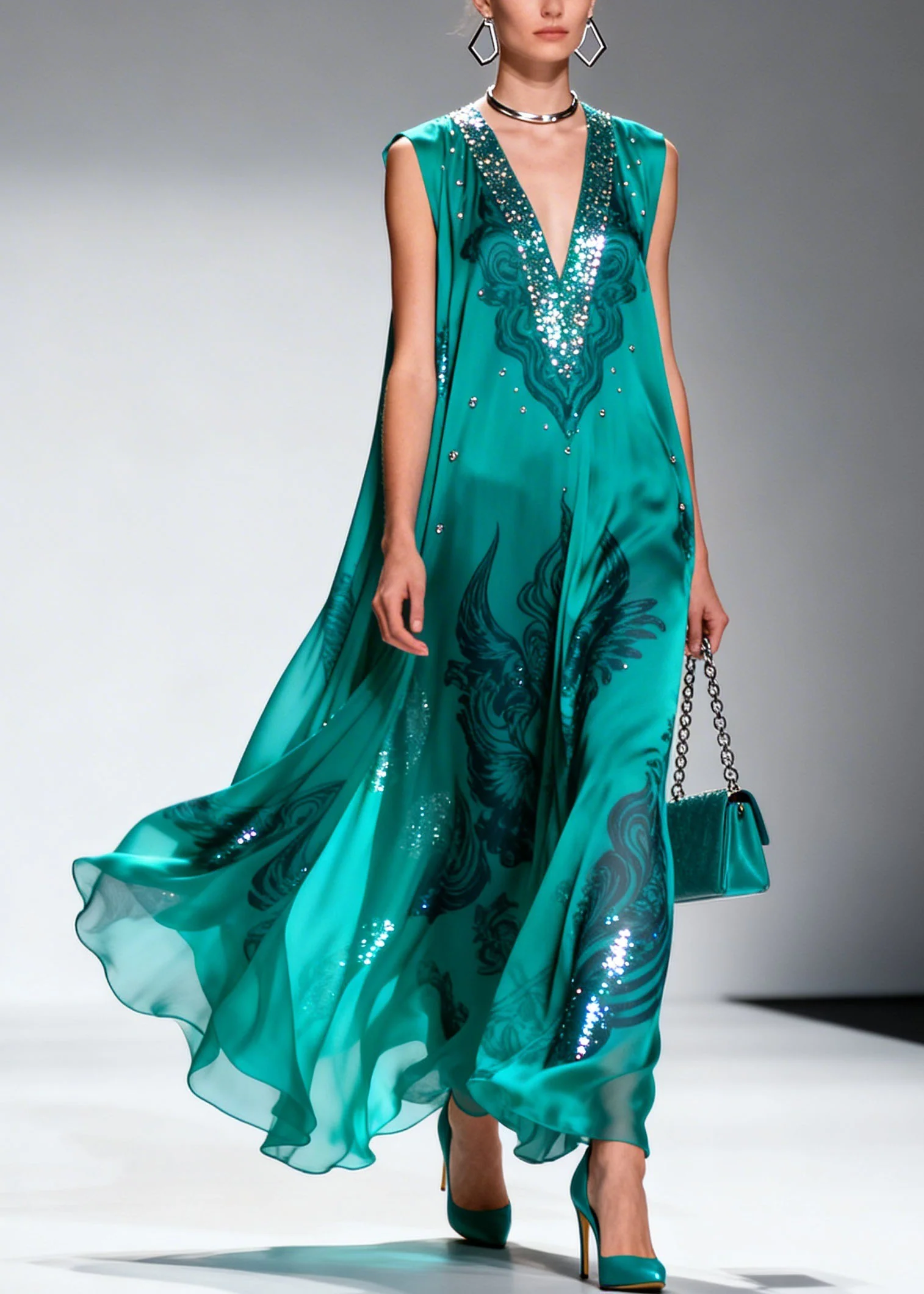 Original Design V Neck Print Zircon Chiffon Long Dress Sleeveless - Image 5