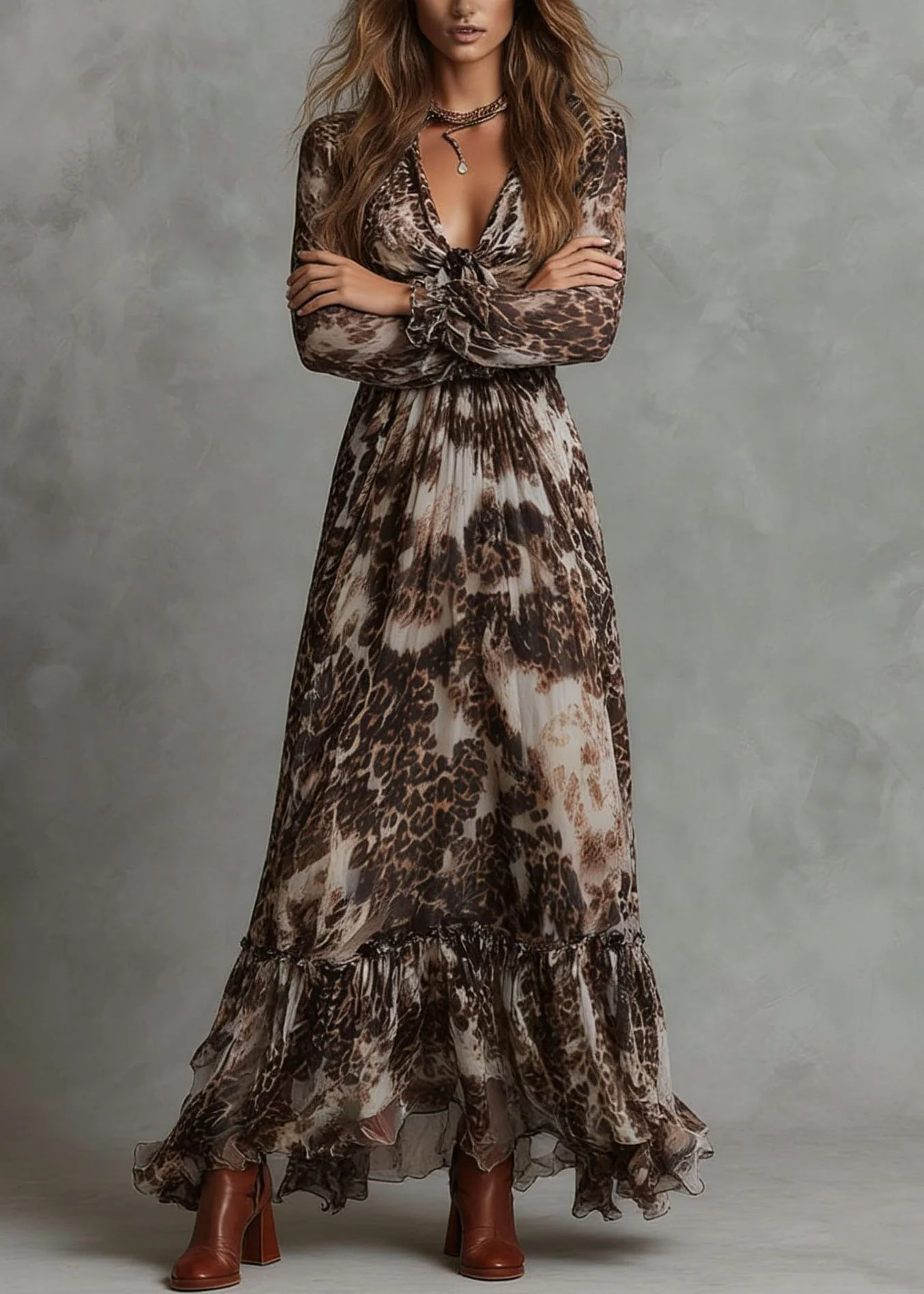 Original Design V Neck Ruffled Print Chiffon Dresses Summer - Image 3