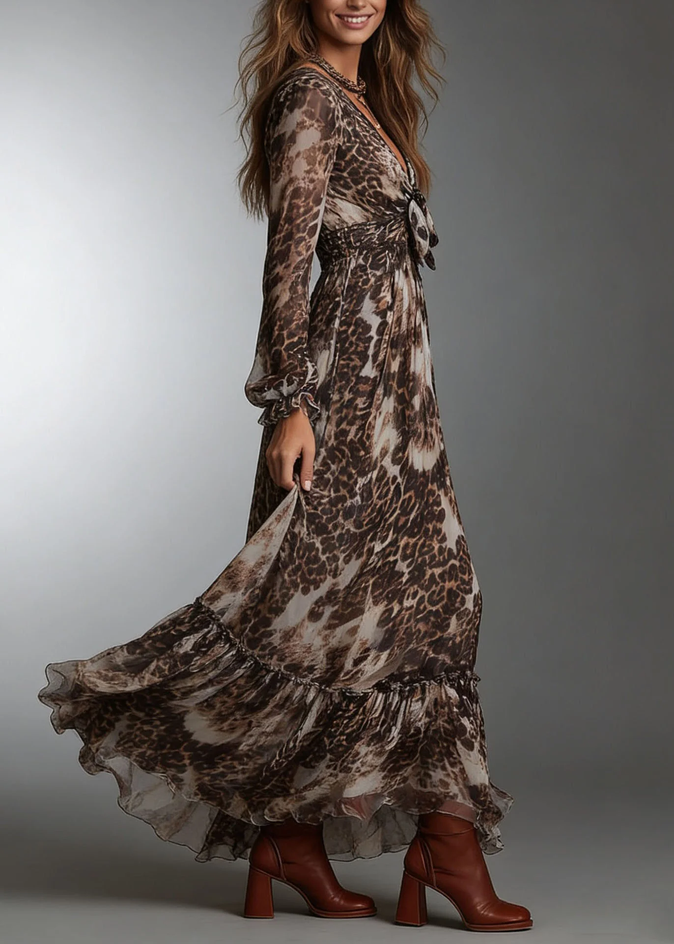 Original Design V Neck Ruffled Print Chiffon Dresses Summer - Image 4