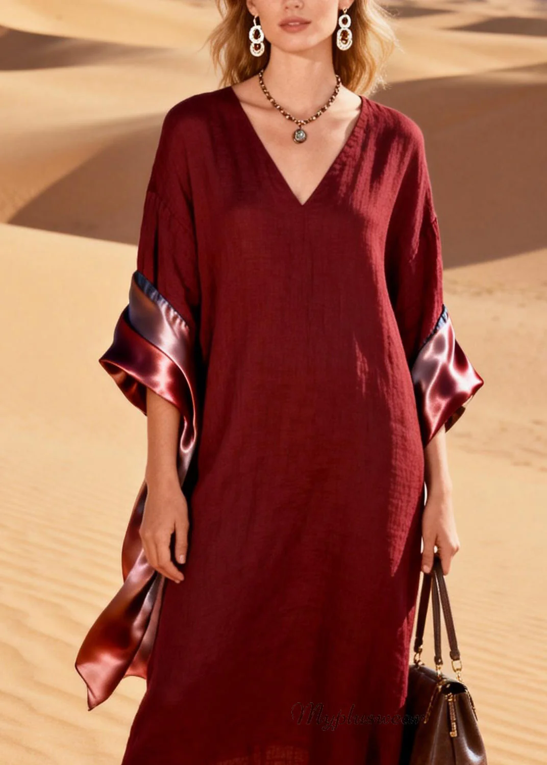 Original Design V Neck Silk Patchwork Linen Dress Summer - Image 2