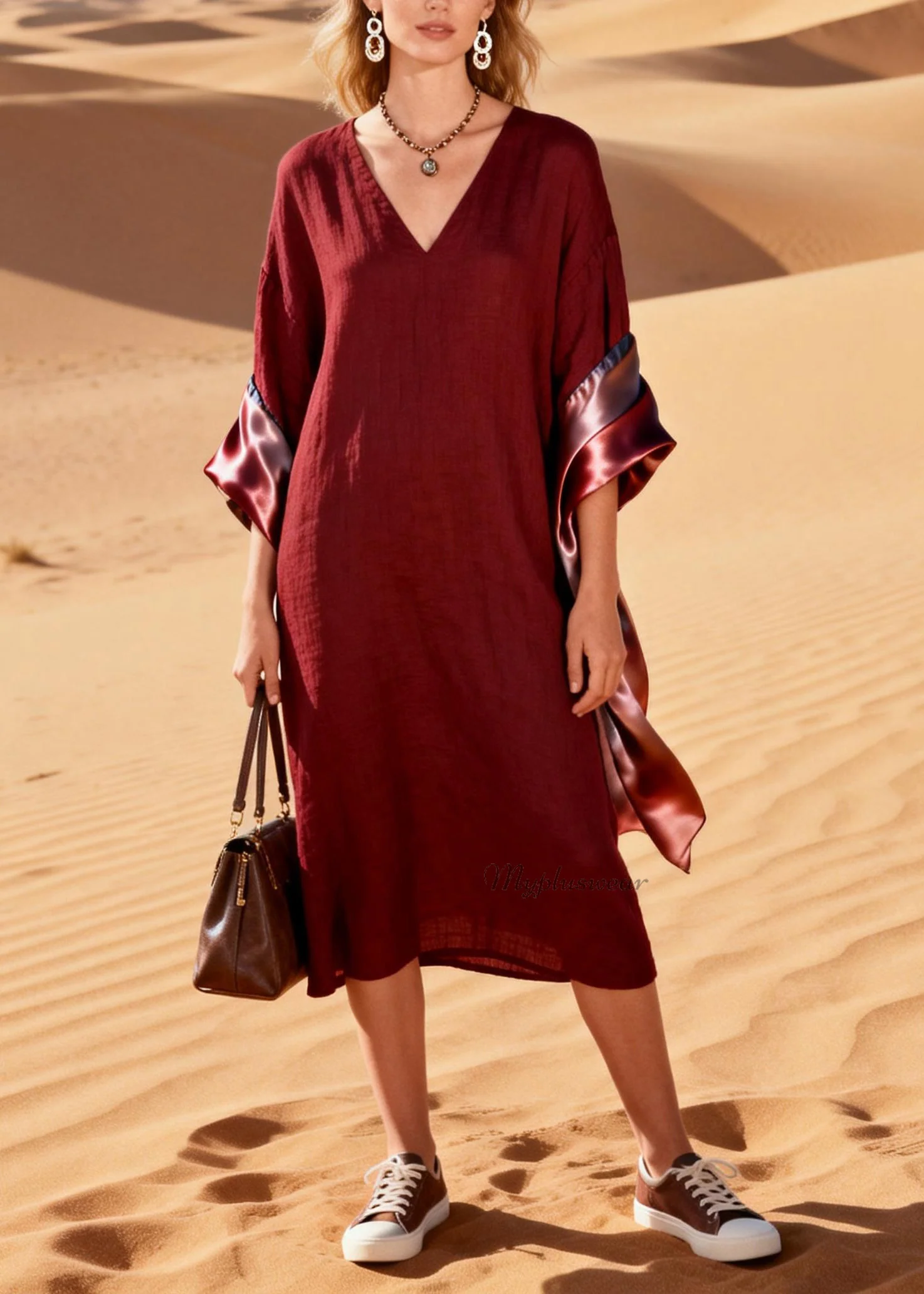 Original Design V Neck Silk Patchwork Linen Dress Summer - Image 3