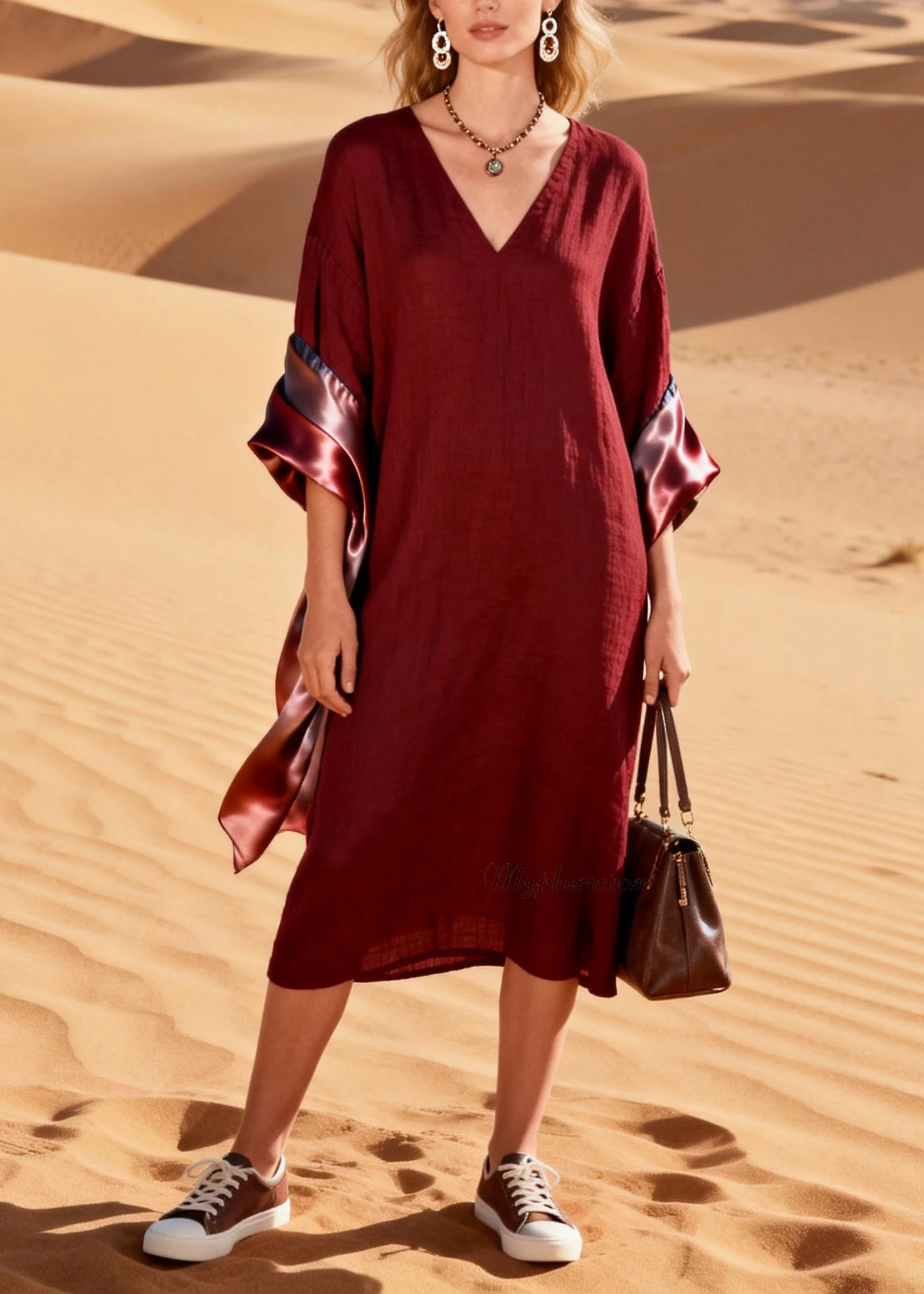 Original Design V Neck Silk Patchwork Linen Dress Summer - Image 5