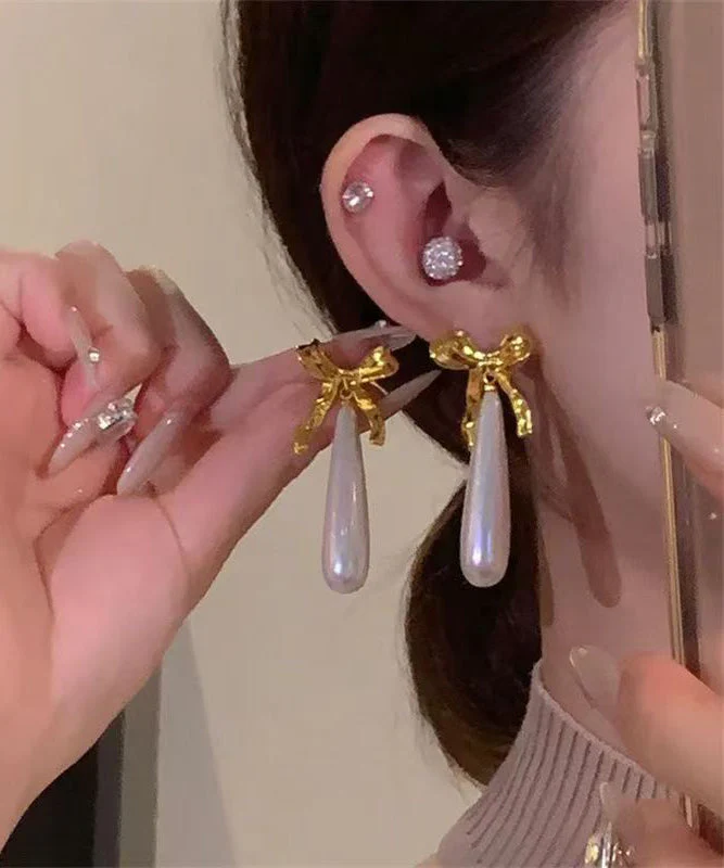 Original Design White Copper Overgild Bow Pearl Water Droplet Drop Earrings - Image 3