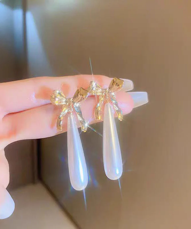 Original Design White Copper Overgild Bow Pearl Water Droplet Drop Earrings - Image 4