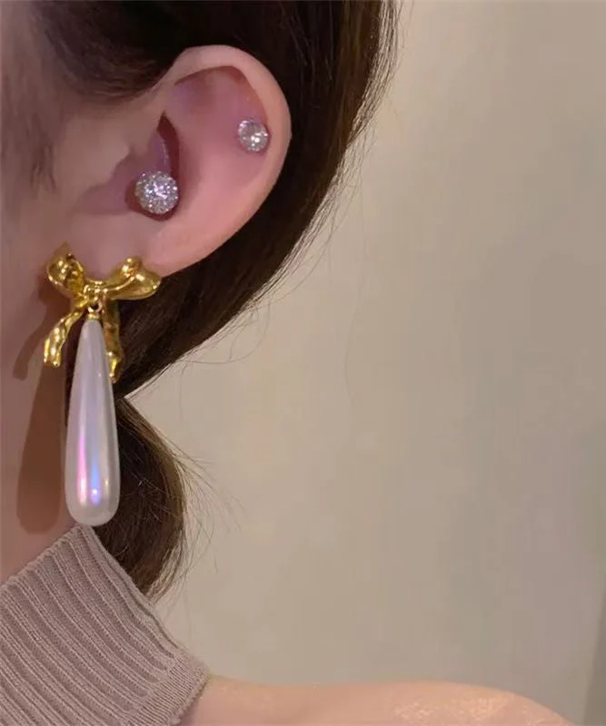 Original Design White Copper Overgild Bow Pearl Water Droplet Drop Earrings - Image 5