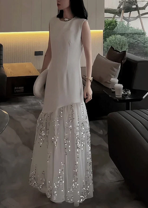 Original Design White Long Dress Summer Tulle Patchwork - Image 4
