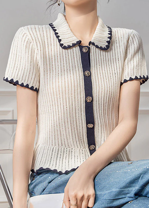 Original Design White Peter Pan Collar Patchwork Knit Top Short Sleeve - Image 2