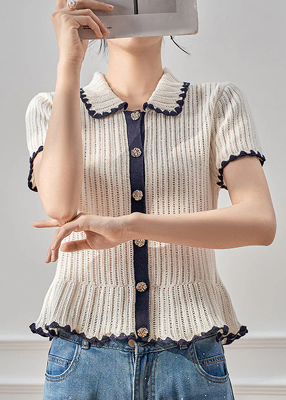 Original Design White Peter Pan Collar Patchwork Knit Top Short Sleeve - Image 3