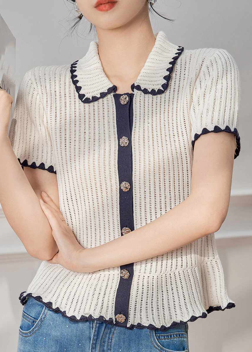 Original Design White Peter Pan Collar Patchwork Knit Top Short Sleeve - Image 4