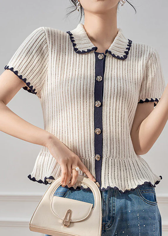 Original Design White Peter Pan Collar Patchwork Knit Top Short Sleeve - Image 5