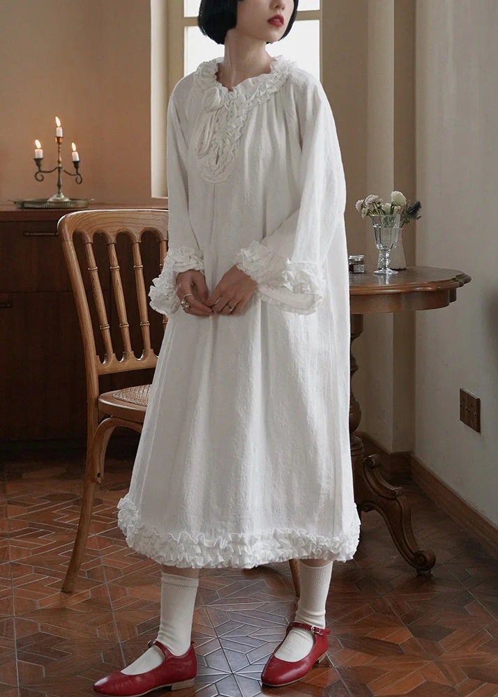 Original Design White Ruffled Patchwork Cotton Long Dress Fall - Image 3