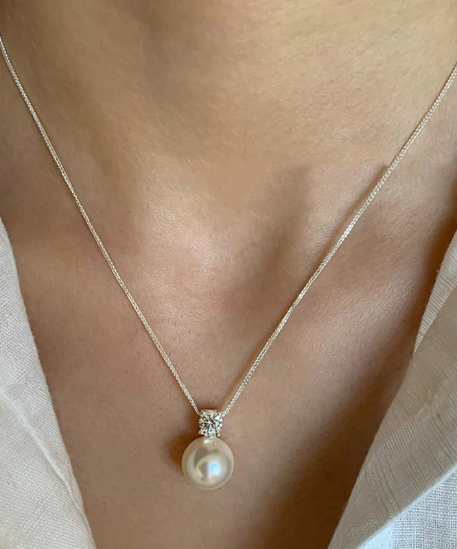Original Design White Sterling Silver Zircon Pearl Sweater Pendant Necklace - Image 3