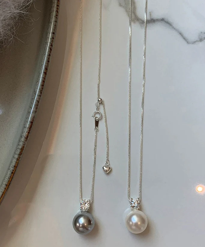 Original Design White Sterling Silver Zircon Pearl Sweater Pendant Necklace - Image 5