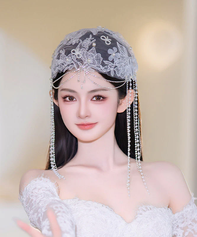 Original Design White Tulle Patchwork Lace Floral Pearl Tassel HairPiece - Image 3
