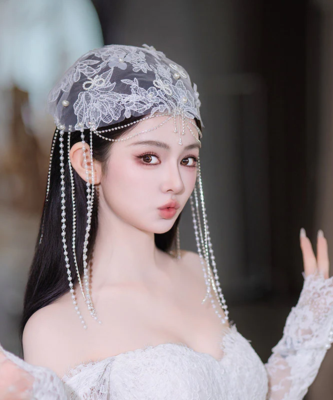Original Design White Tulle Patchwork Lace Floral Pearl Tassel HairPiece - Image 4