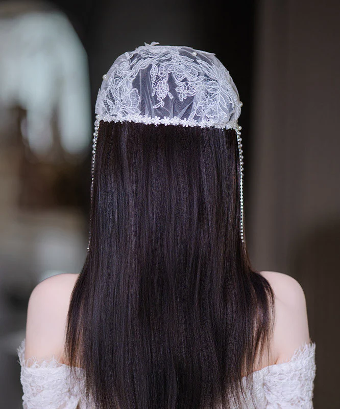 Original Design White Tulle Patchwork Lace Floral Pearl Tassel HairPiece - Image 5