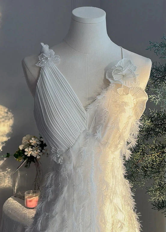 Original Design White V Neck High Waist Party Dress Sleeveless - Image 2
