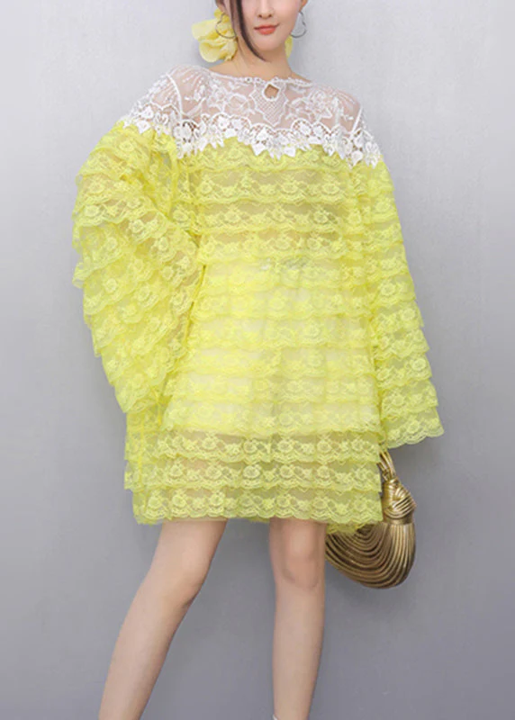 Original Design Yellow O-Neck Sheer Knit Lace Tops Fall - Image 2